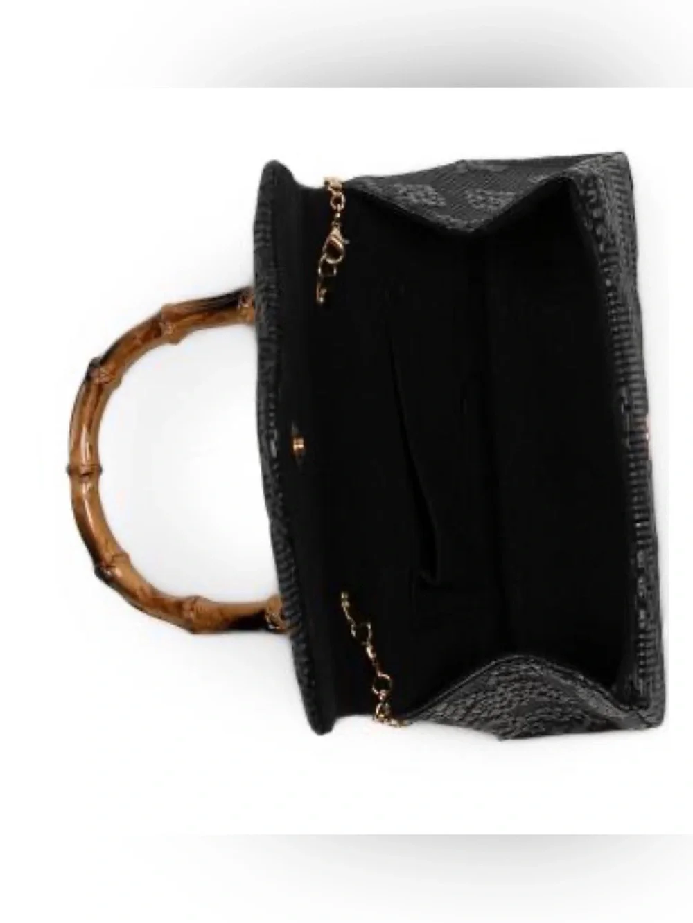 Woven Black Satchel with Bamboo-Style Top Handle and Gold Chain